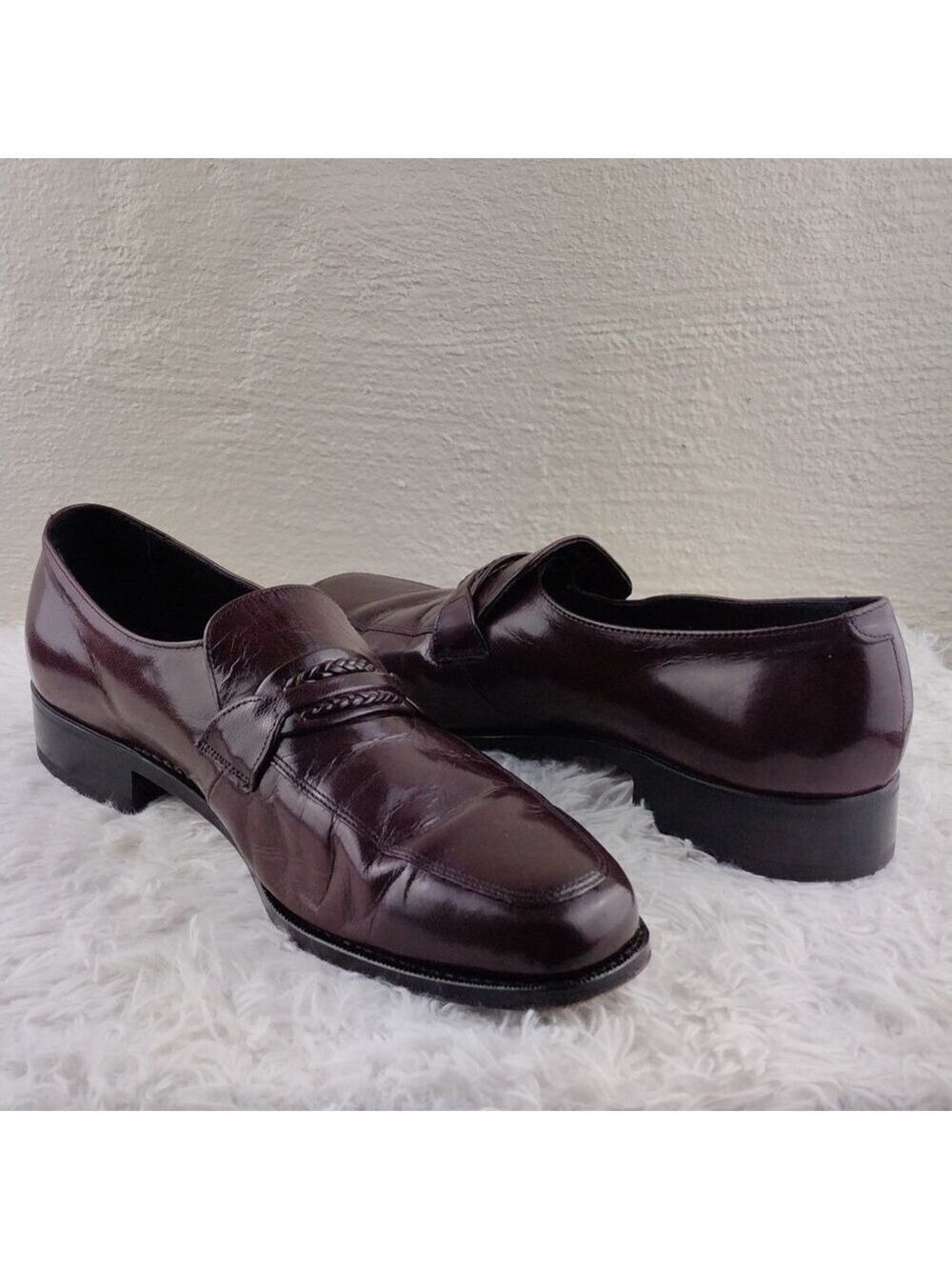 Florsheim Burgundy Patent Leather Braided Square Toe Slip On Dress Loafer Shoes